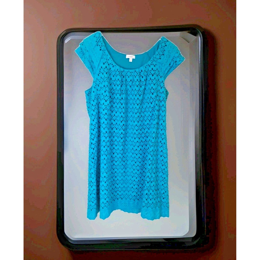 Dressbarn Shift‎ Dress 22 Turquoise Eyelet Overlay Lined Popover Casual Comfort